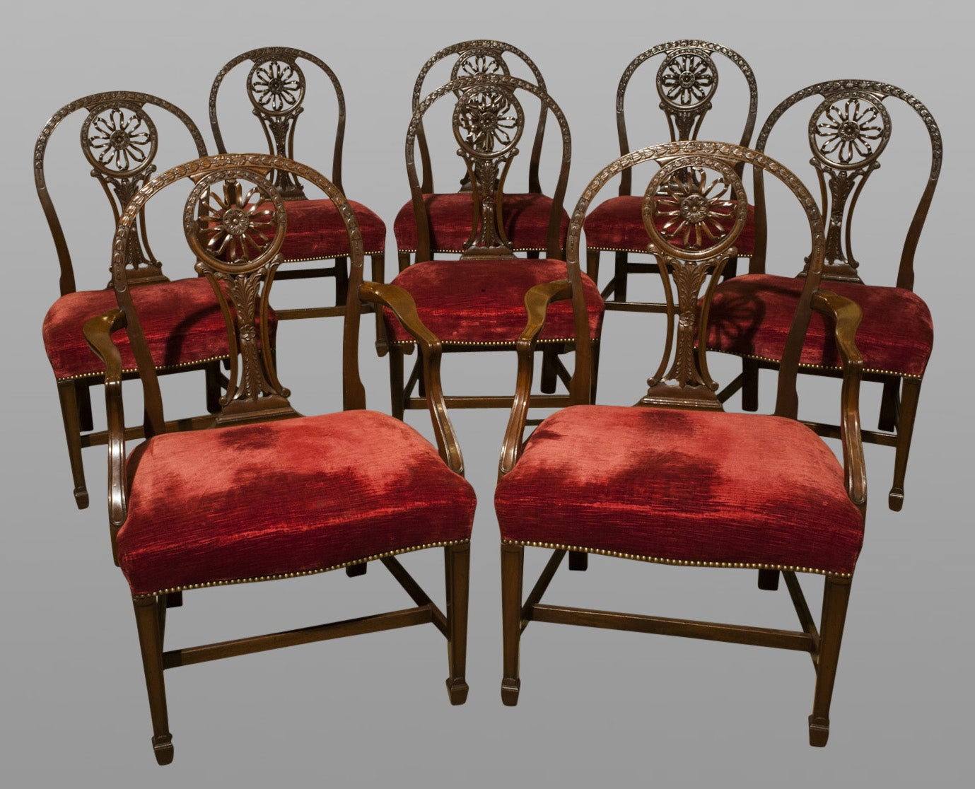 Set Of Eight Hepplewhite Style Carved Wheel-Back Dining Chairs