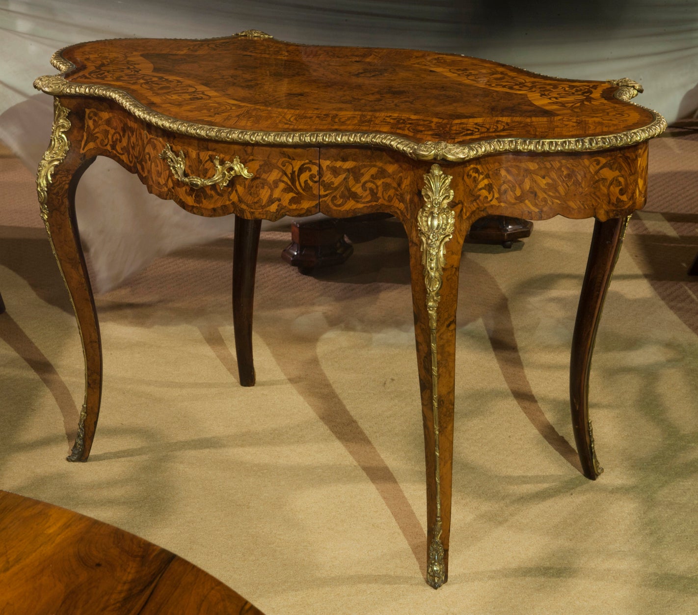 A Brass Mounted Burr Walnut and Kingwood Marquetry Bureau Plat For Sale