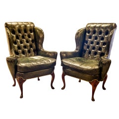 Antique Early 20th Century Walnut Queen Anne Style Wing Armchairs