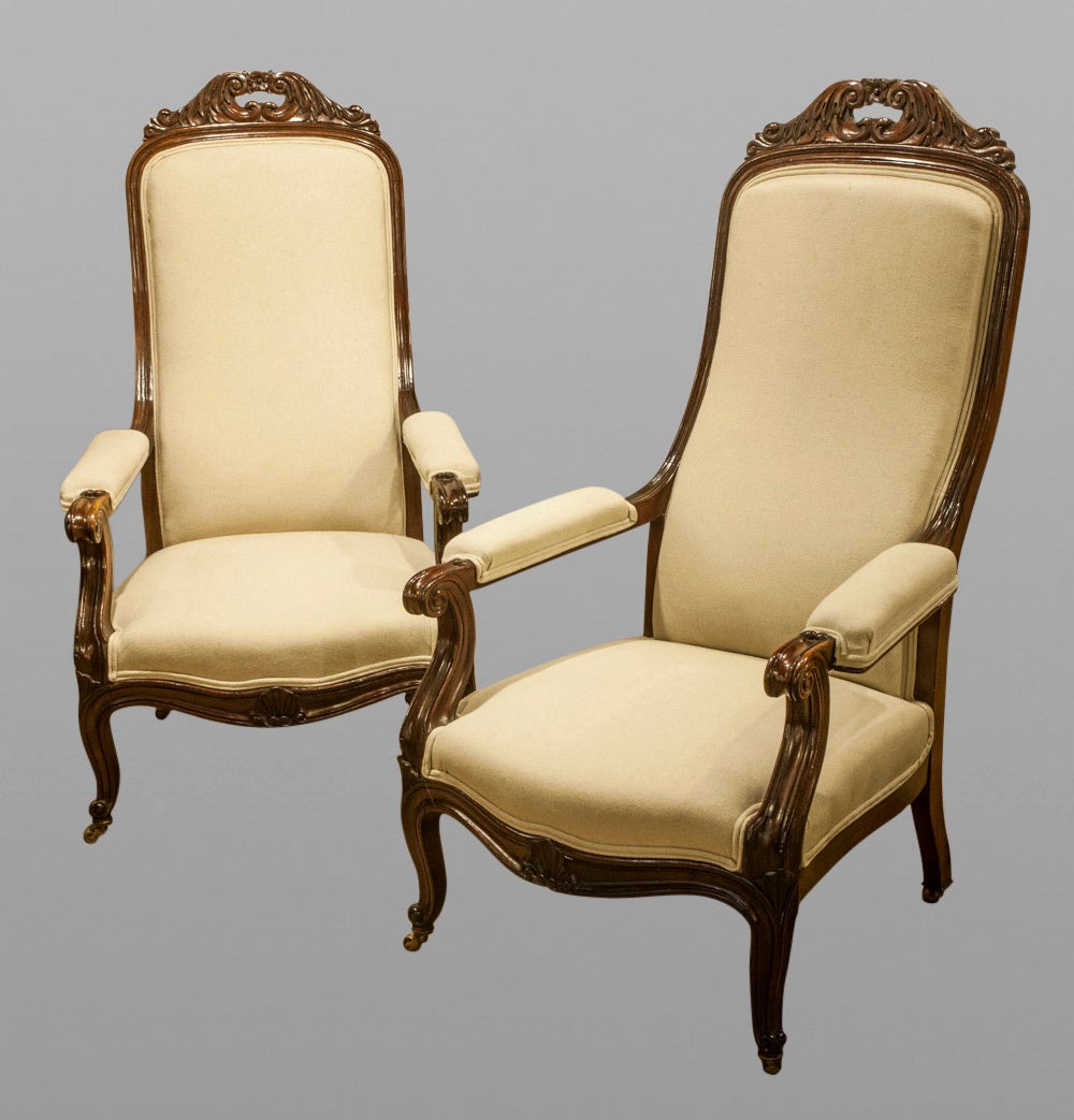 Pair Of Late 19th Century Mahogany Continental Serpentine Fronted Open Armchairs