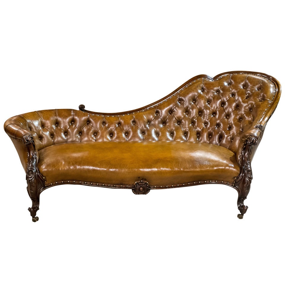 Victorian Chaise Longue in Deep Buttoned Leather For Sale