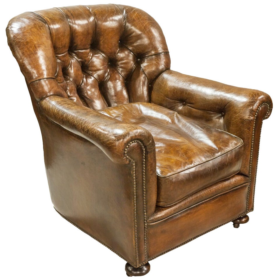 Deep Buttoned Brown Leather Chair For Sale