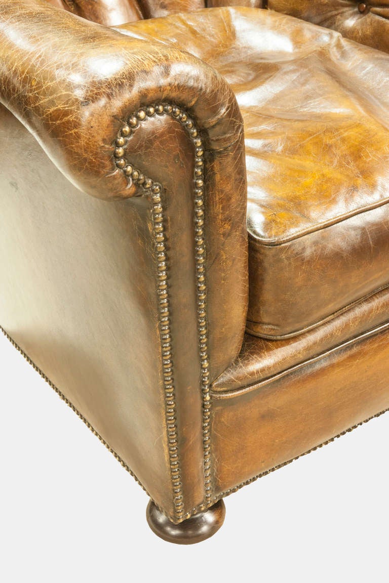British Deep Buttoned Brown Leather Chair For Sale