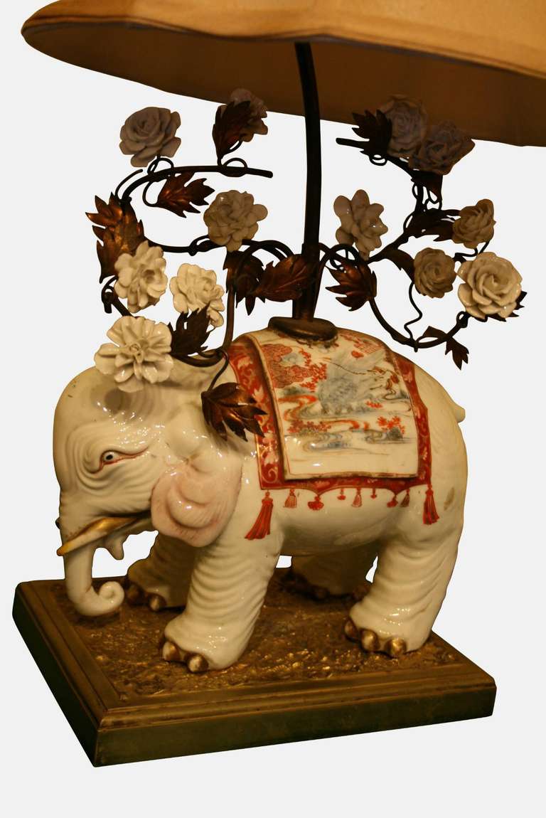 An extremely fine late 19th century ormolu mounted porcelain figural table lamp in the form of an elephant in oriental style - probably by Samson of Paris