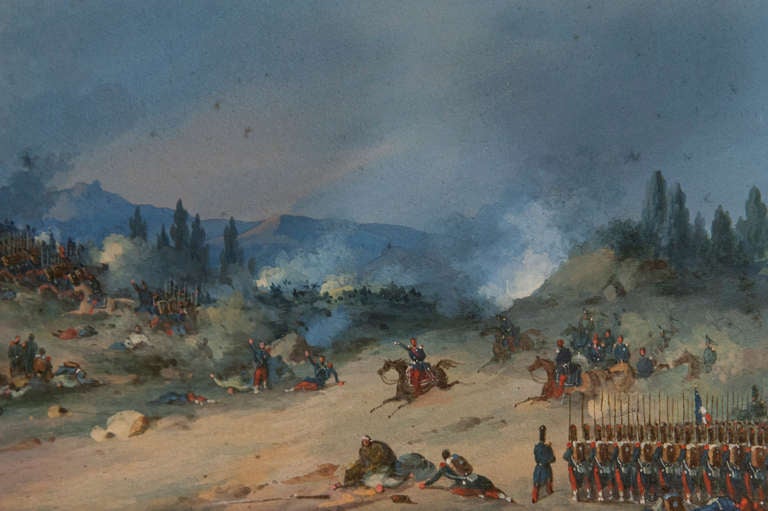French Miniature Gouache Painting of a Battle