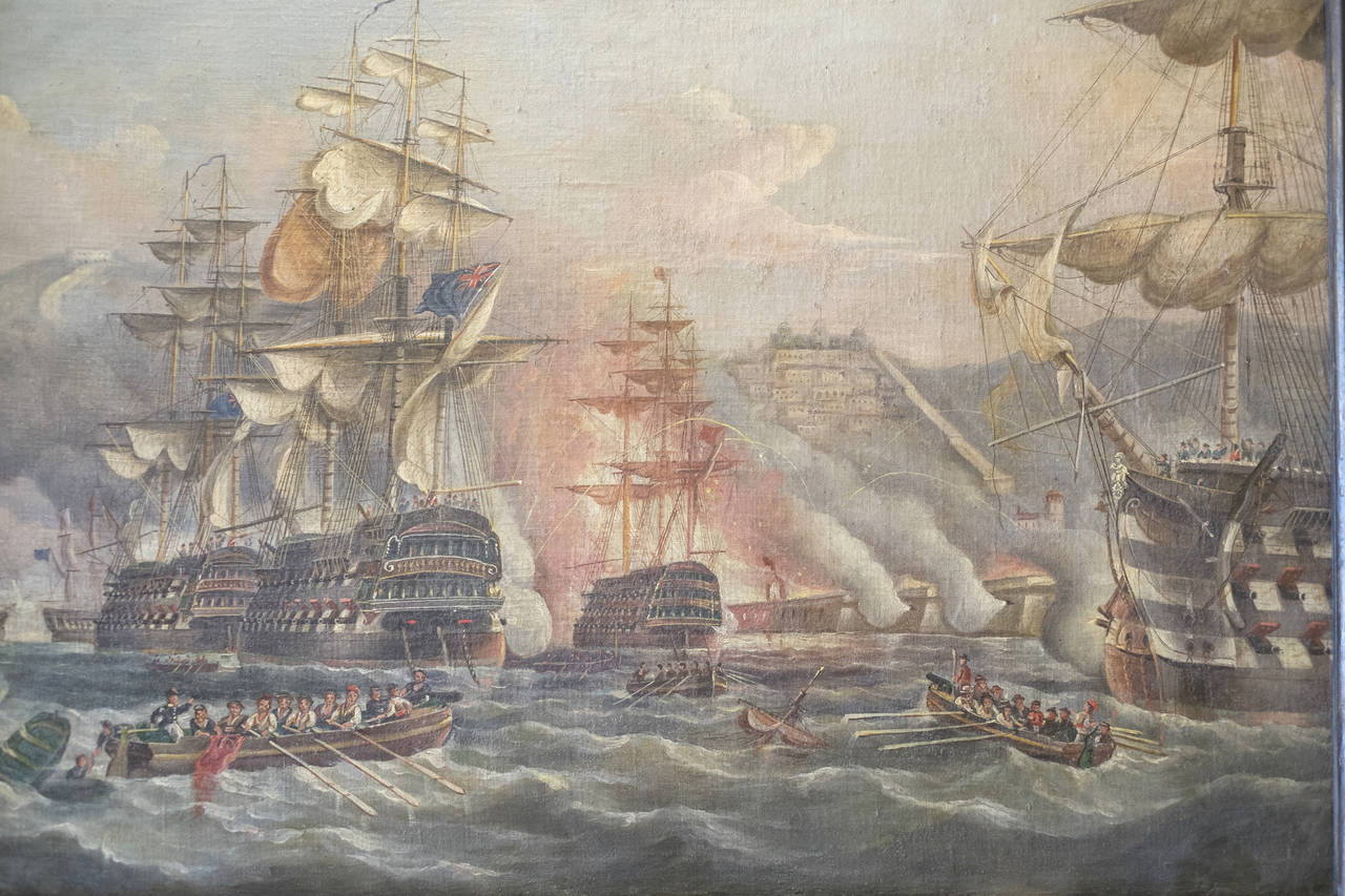 An oil painting on canvas of the English and Dutch fleet bombarding Algiers to free the white slaves.

Signed by Richard B Spencer, circa 1850.
