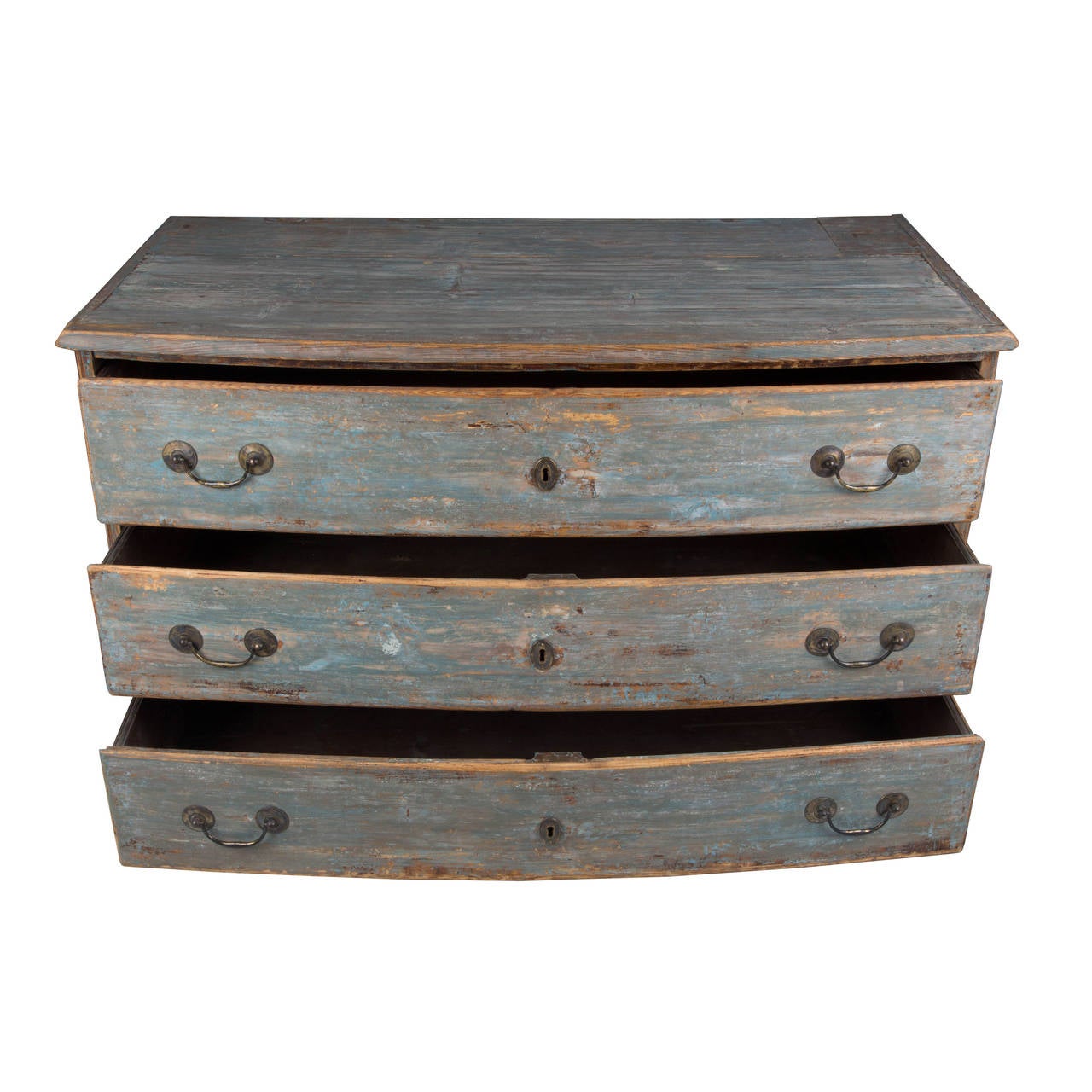 An 18th century French three-drawer commode in original blue paint.