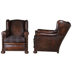 French Oak and Leather Armchairs c.1920