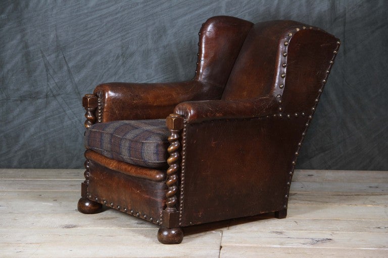 French Oak and Leather Armchairs c.1920