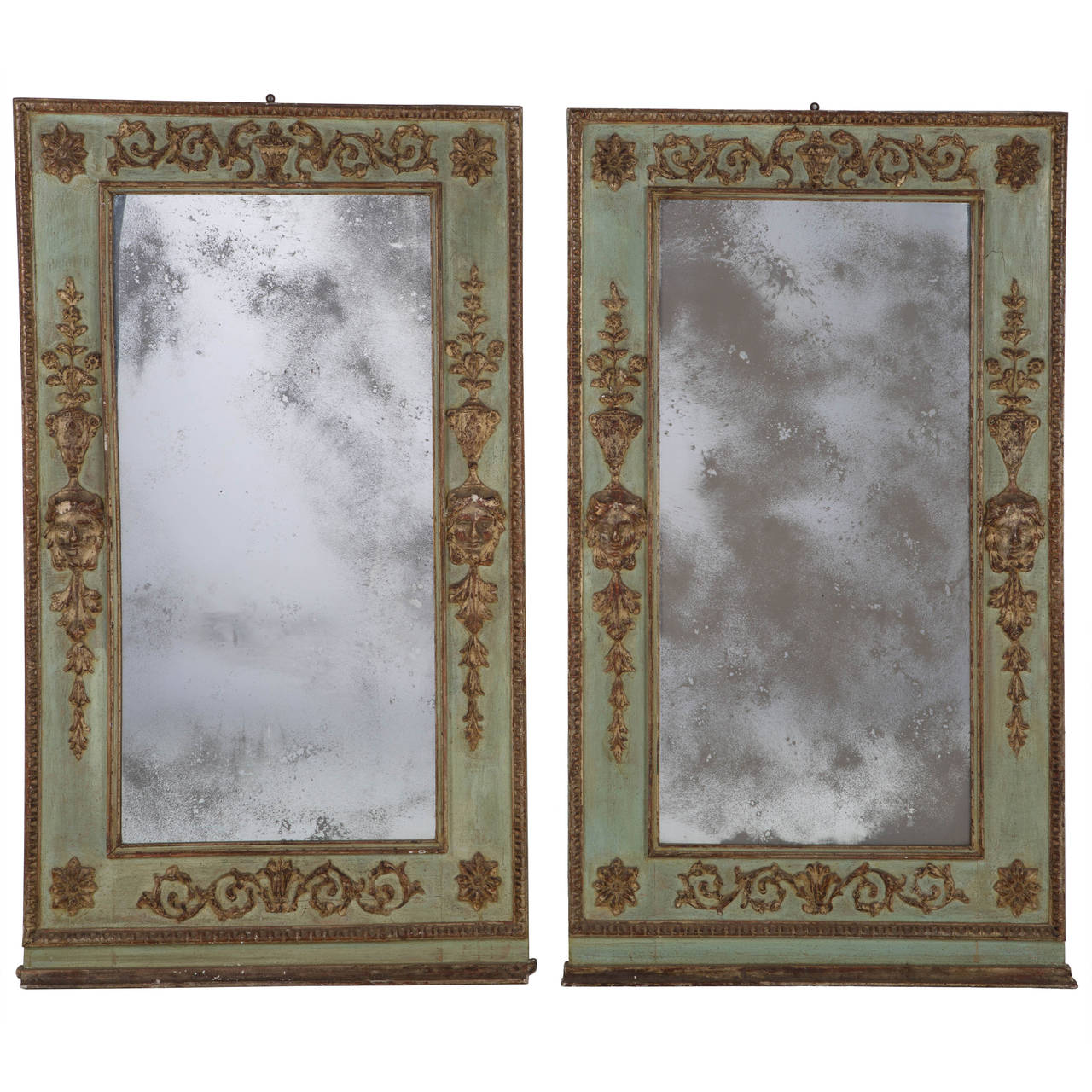 Pair of painted Italian consoles with mirrors c.1950. Measurements shown below are for consoles. Mirrors measure 140cm high x 79.5cm wide x 4cm deep.