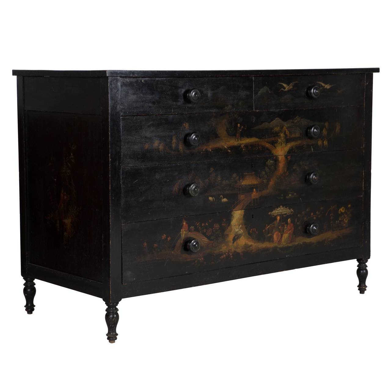Late 19th century French ebonised chest of drawers decorated with hand painted Chinoiserie scenes. With provenance.