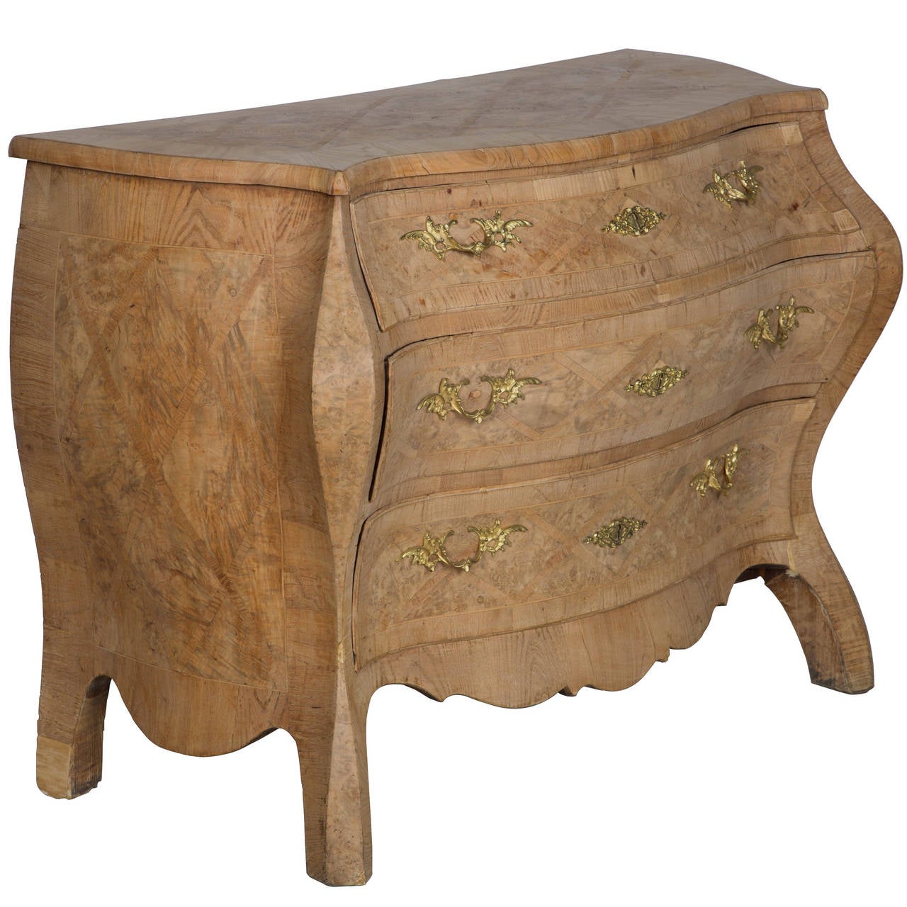 A fine Swedish Rococo period bombe commode with parquetry work in burr Elm and Elm, lovely small proportions and exaggerated form. Swedish c.1765.