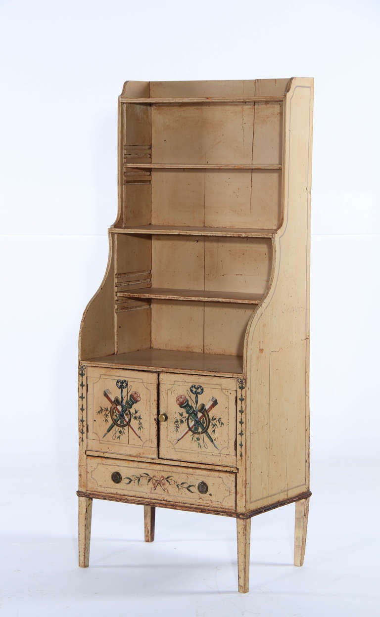 English waterfall bookcase c.1790 scraped back to original decoration (handles early 20th century replacements).