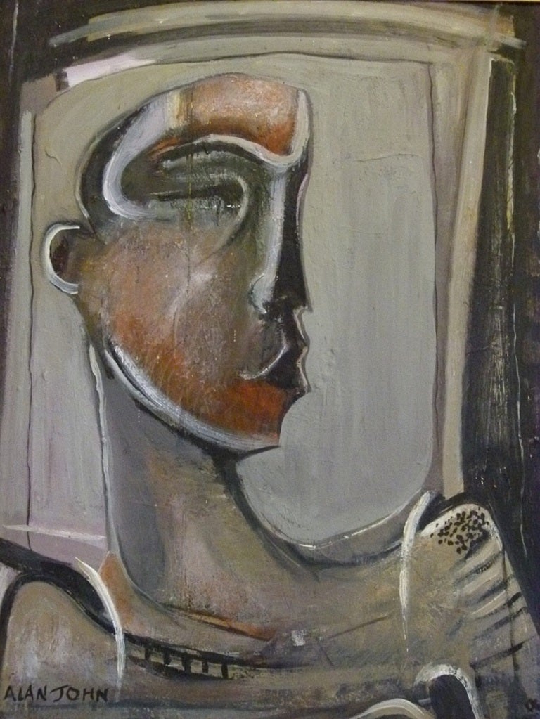 Mid-Century Modern Mirror Head, Original Oil by British Painter / Sculptor Alan John, circa 1980 For Sale