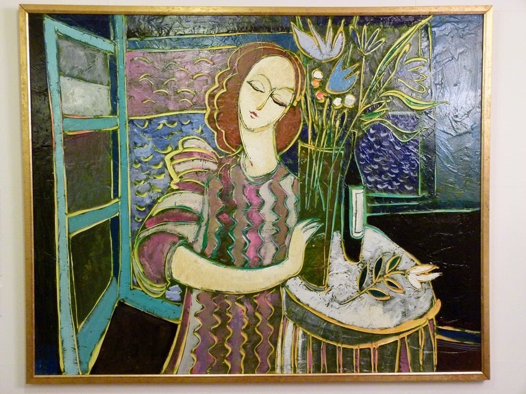 A stunning oil on canvas by Marc Verte dating from c.1993
150 x 120 cm, signed lower right. 

Excerpted from a review by Lee Burr, April 1994 

Marc Verte
Born: Cracow Poland
Educated: Bielsko-Biala College of Fine Art (Magna Cum