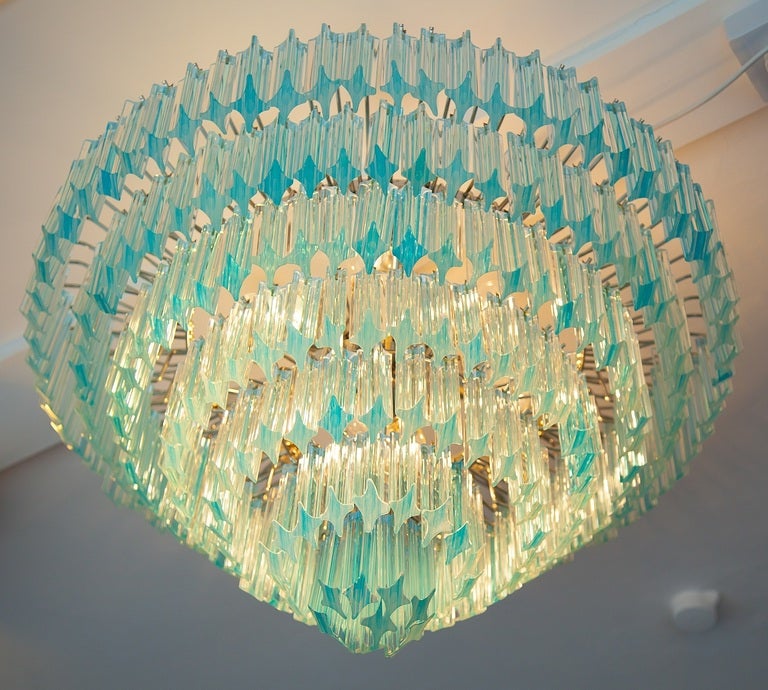 A stunning vintage Murano glass chandelier. 269 aquamarine angle cut crystals. Hand polished to give that unmistakable lustre. Original vintage glass, nickel plated replacement frame, exactly copied from the original. Stainless steel chain to adjust