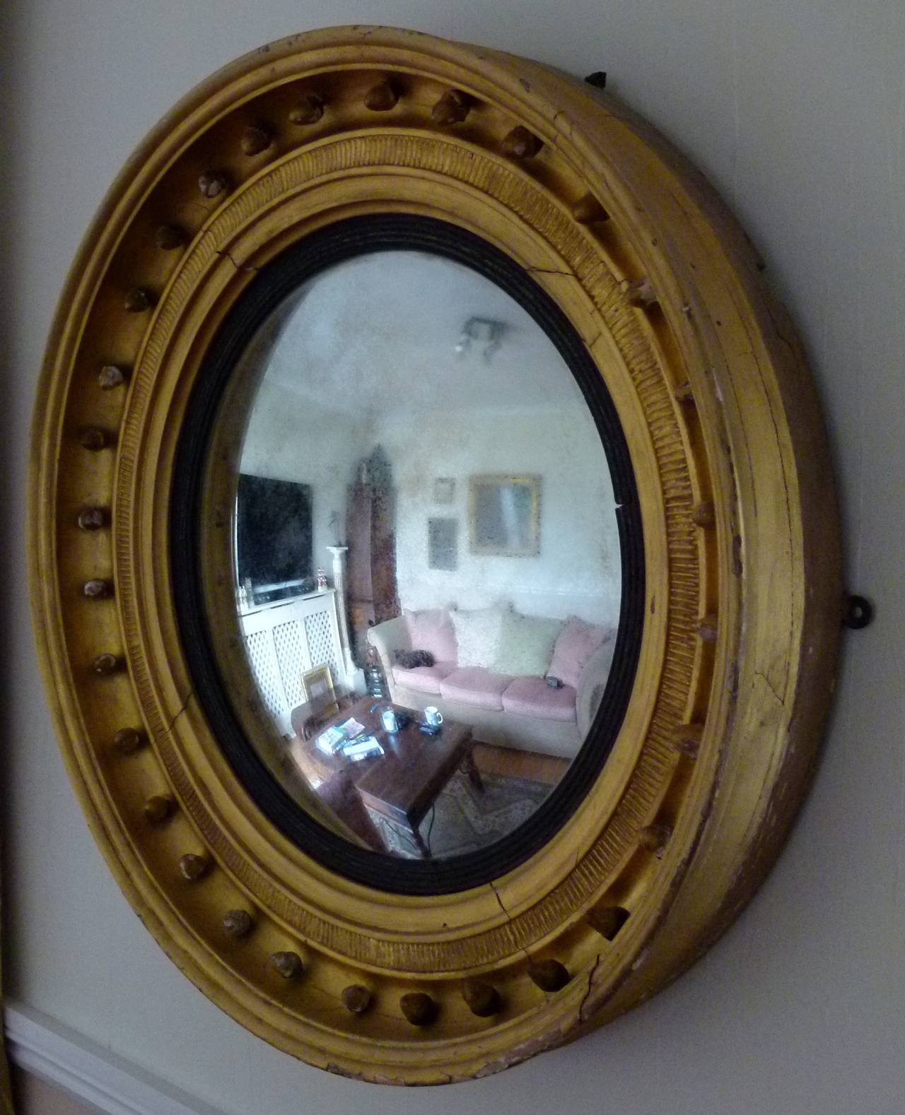 antique round mirror wooden frame