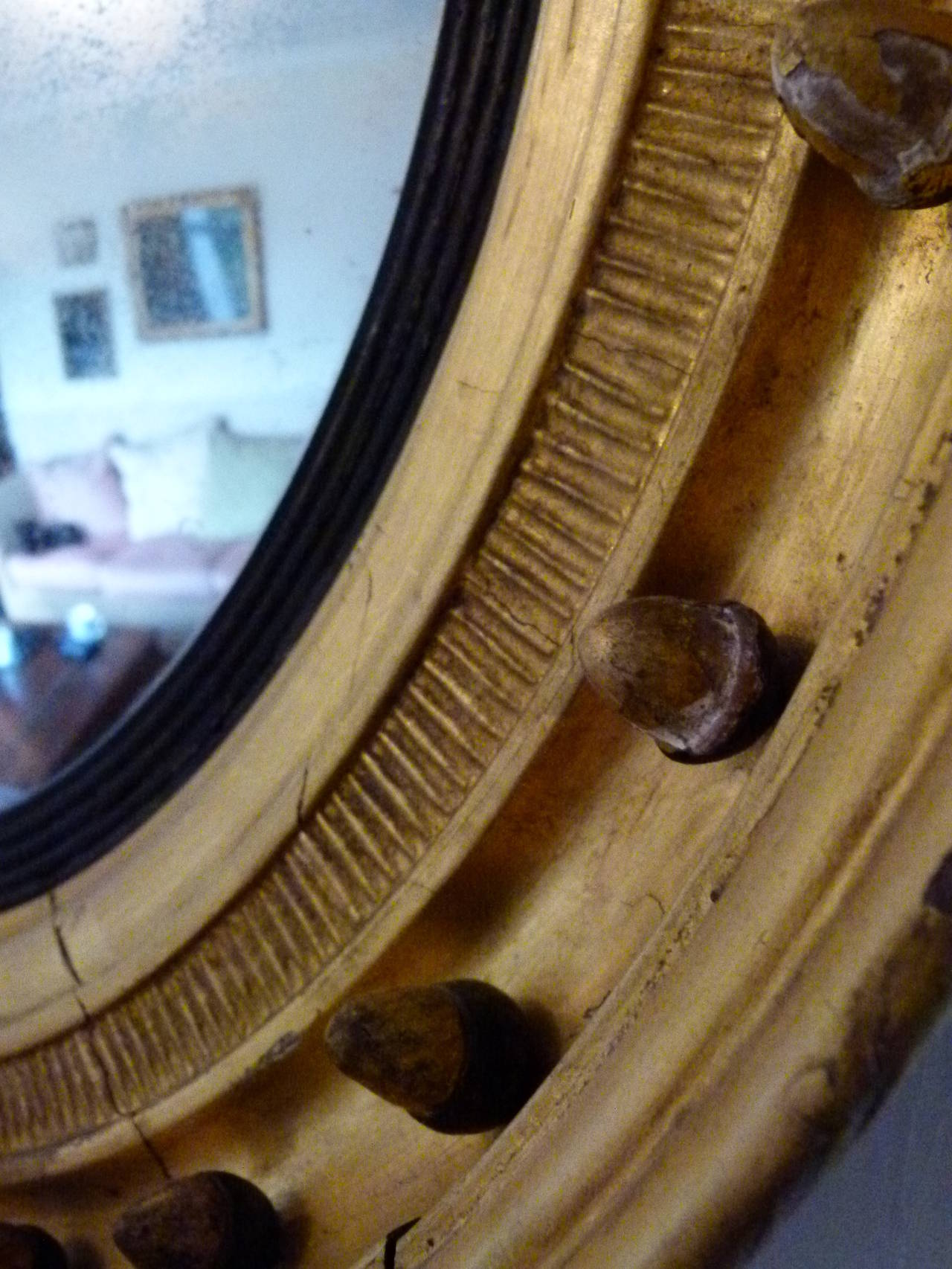 Carved Round Vintage Convex Mirror with Black and Gold wooden frame, Georgian. For Sale