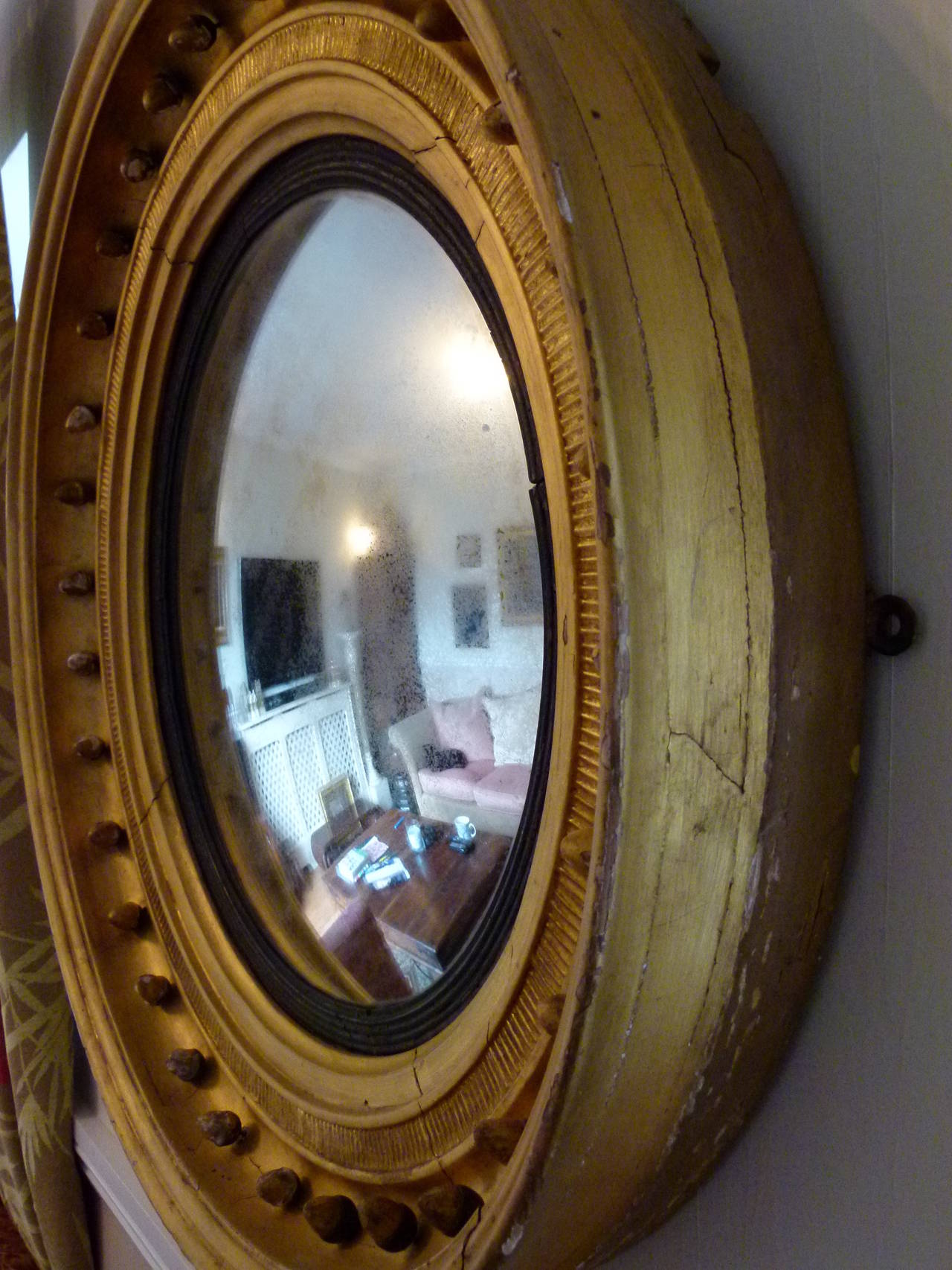 19th Century Round Vintage Convex Mirror with Black and Gold wooden frame, Georgian. For Sale