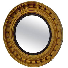 Round Vintage Convex Mirror with Black and Gold wooden frame, Georgian.