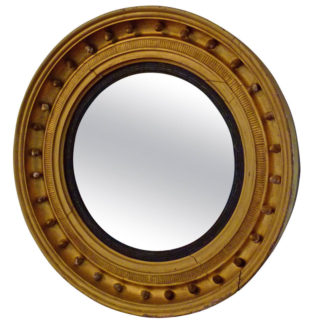 Round Vintage Convex Mirror with Black and Gold wooden frame, Georgian. For Sale