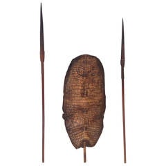 Shilluk Tribal Crocodile shield and Oryx Horn Spears, Southern Sudan c.1880