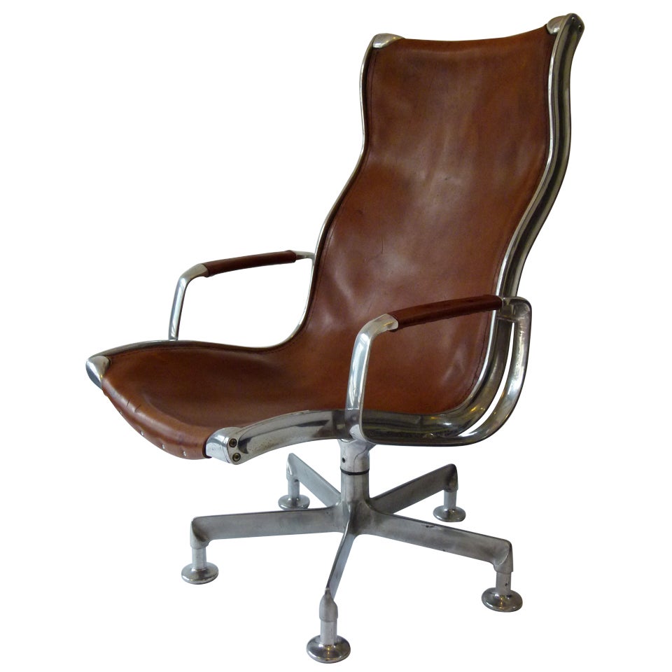 Vintage Rudolf Szedleczky lounge chair c.1973 Hungary, Tan leather and Aluminium
