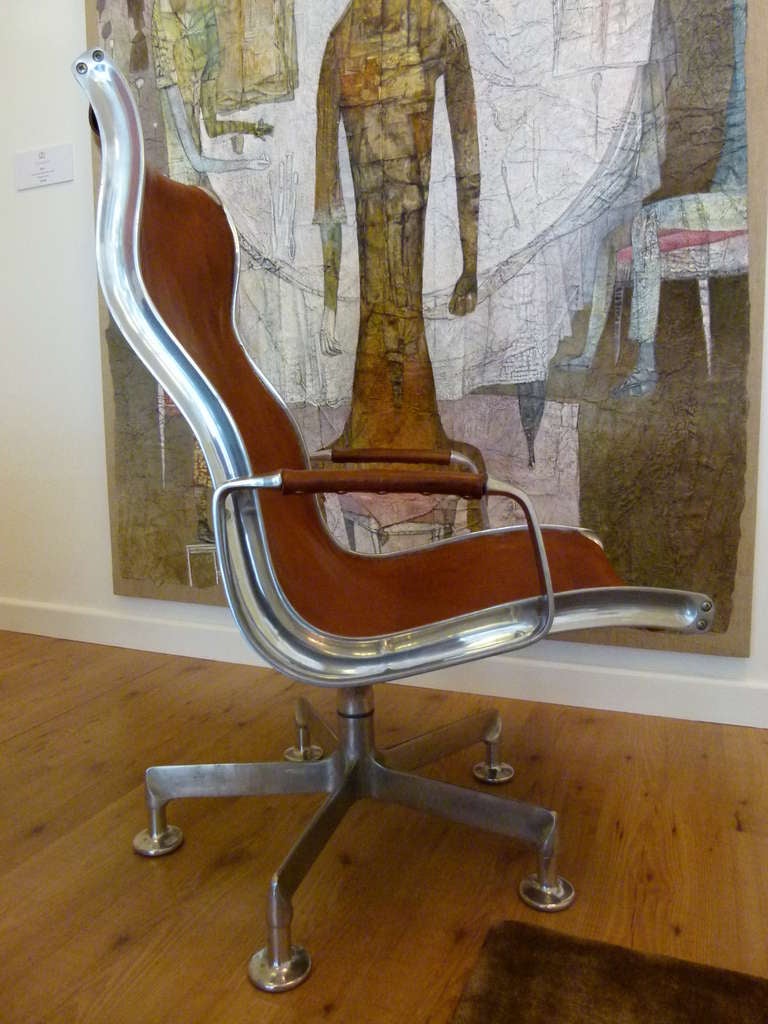 Hungarian Vintage Rudolf Szedleczky lounge chair c.1973 Hungary, Tan leather and Aluminium