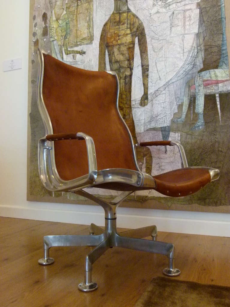 Mid-Century Modern Vintage Rudolf Szedleczky lounge chair c.1973 Hungary, Tan leather and Aluminium