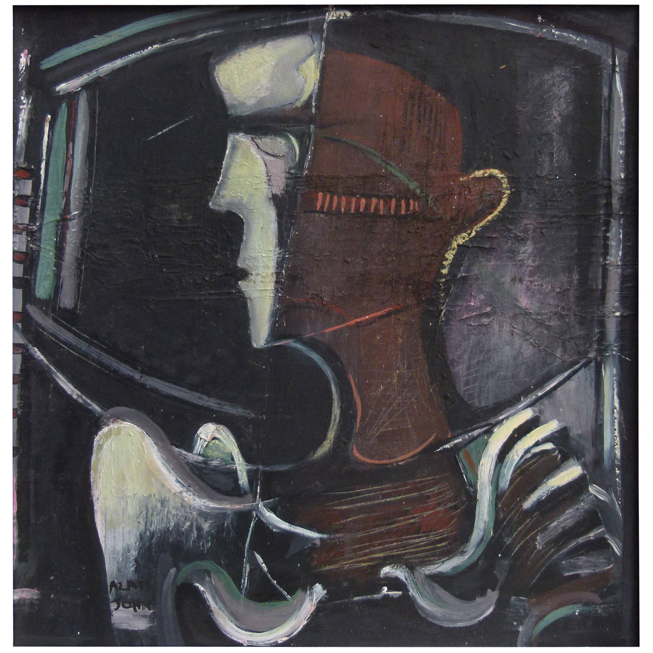 Abstract figurative painting by the British painter / sculptor Alan John c.1978 For Sale