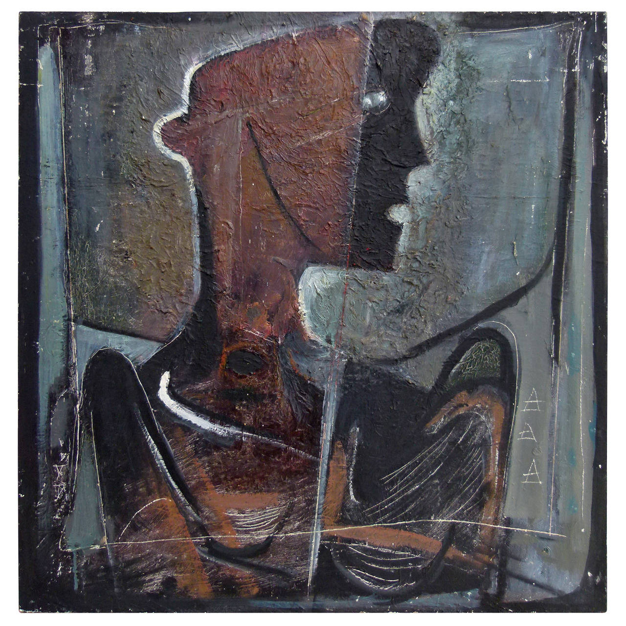 Abstract figurative painting by the British painter / sculptor Alan John c.1978 For Sale