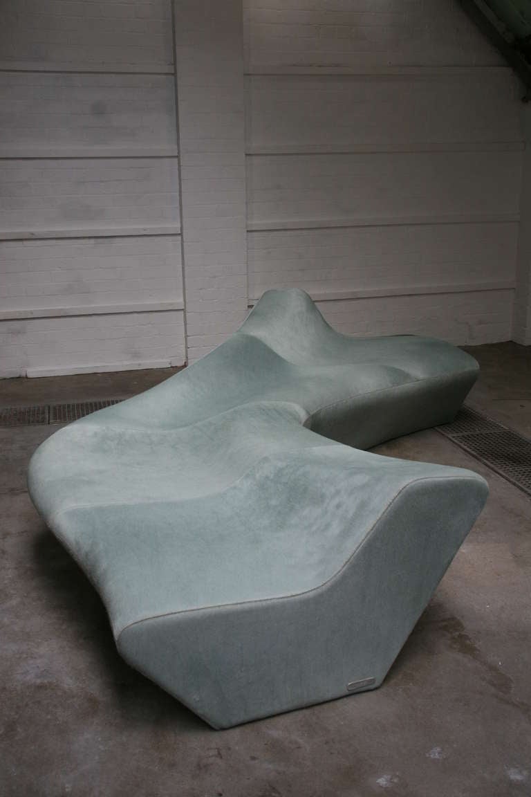 A stunning example of the Moraine Sofa designed by world renowned architect Zaha Hadid circa 2000.

This example is upholstered in Aquamarine Pony Hide and was produced by Sawaya and Moroni of Italy circa 2004.

A true heavyweight in
