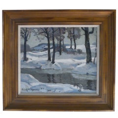 Vintage Frank Harmon Myers Oil on Board Painting Winter Landscape