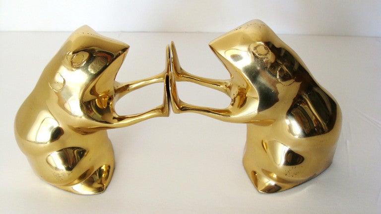 Vintage mid century brass, frog form bookends. Heavy and beautifully cast.