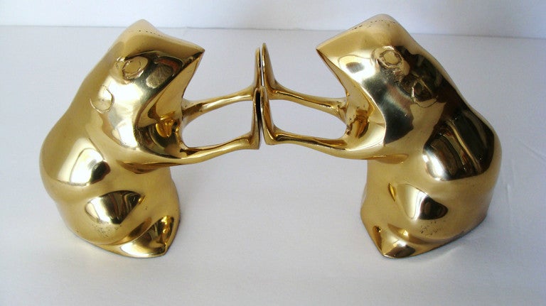 Whimsical Pair Mid Century Brass Frog Bookends For Sale 1