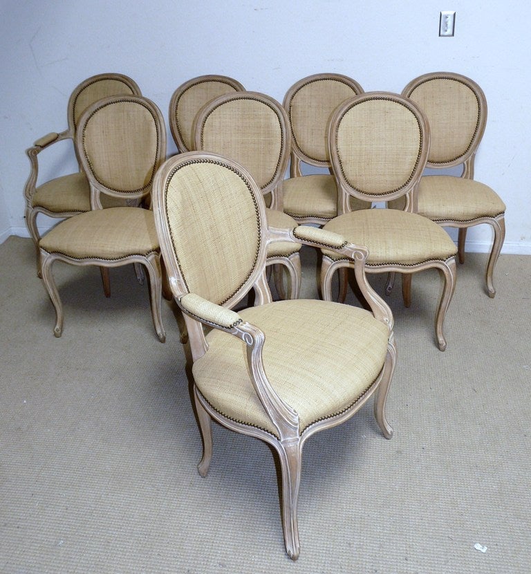 8 Louis XVI style Dining Chairs in Limed Wood w Oval Backs