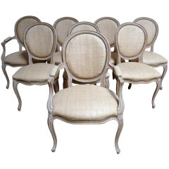 8 Louis XVI style Dining Chairs in Limed Wood w Oval Backs