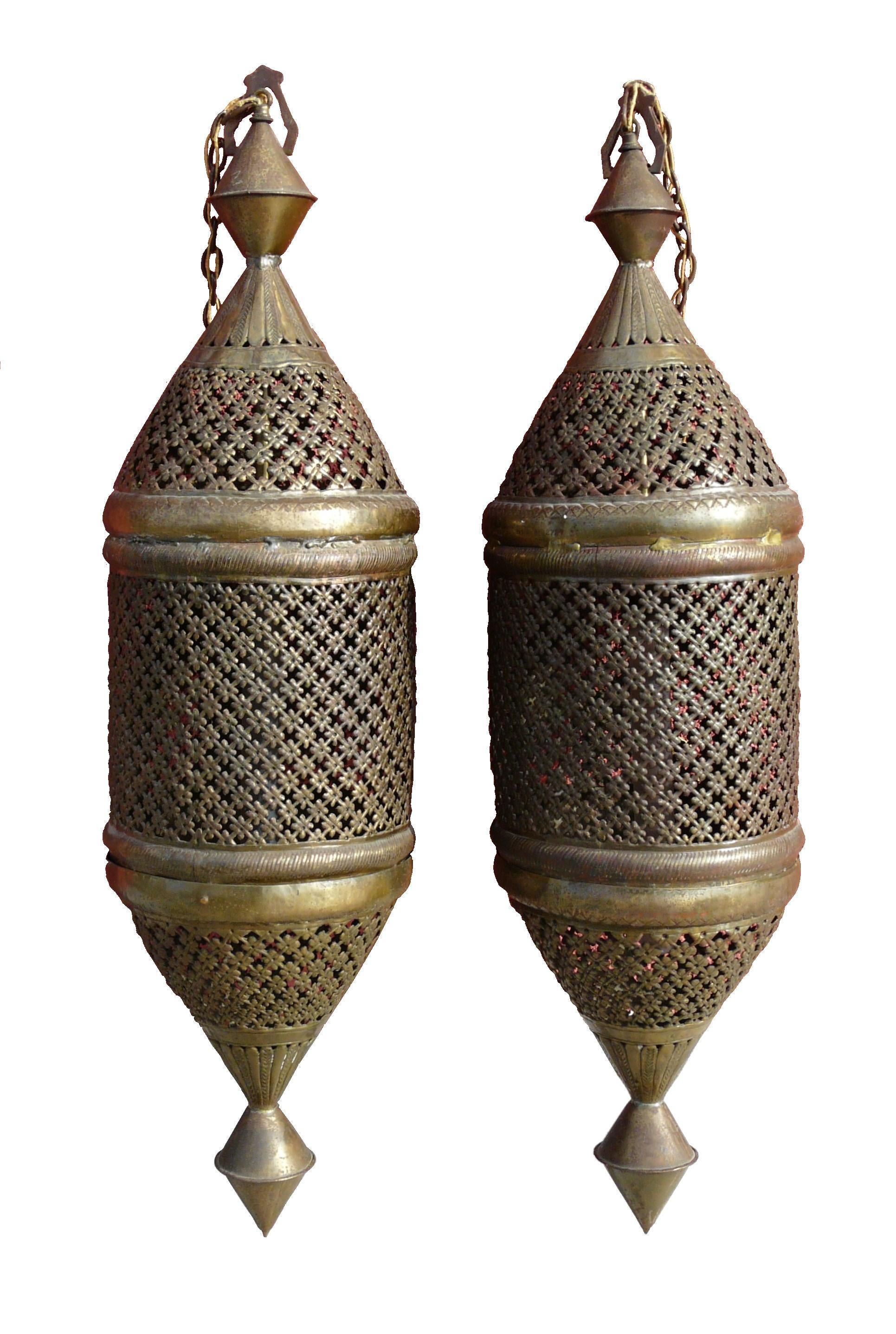Pair Large Moroccan Pierced Pendant Lanterns Vintage For Sale