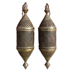 Pair Large Moroccan Pierced Pendant Lanterns Vintage