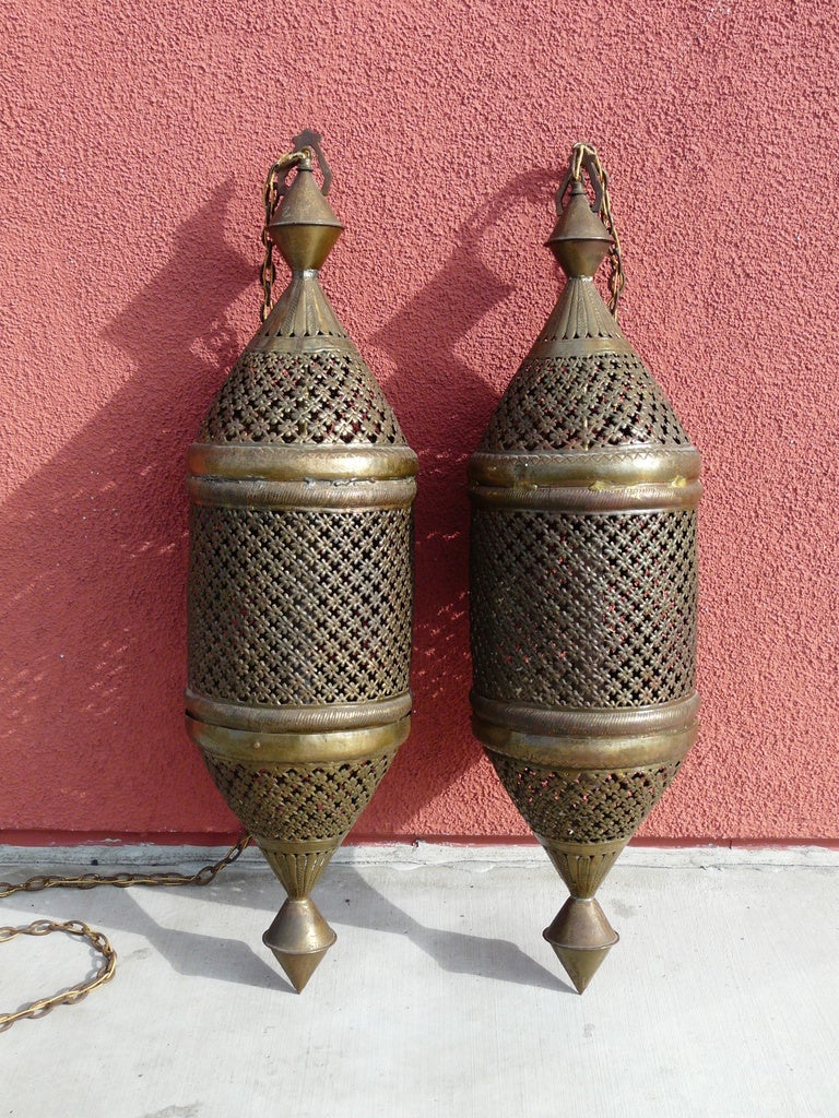 Brass Pair Large Moroccan Pierced Pendant Lanterns Vintage For Sale