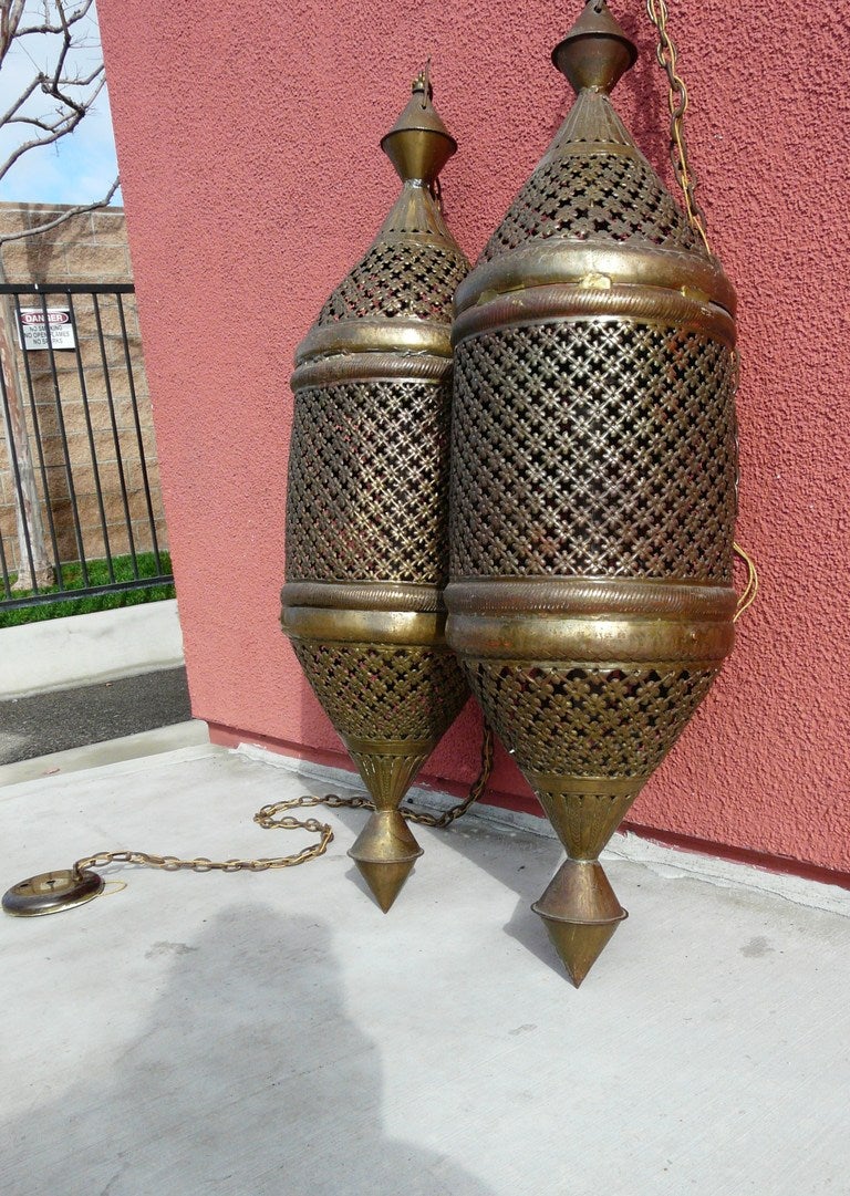Unknown Pair Large Moroccan Pierced Pendant Lanterns Vintage For Sale