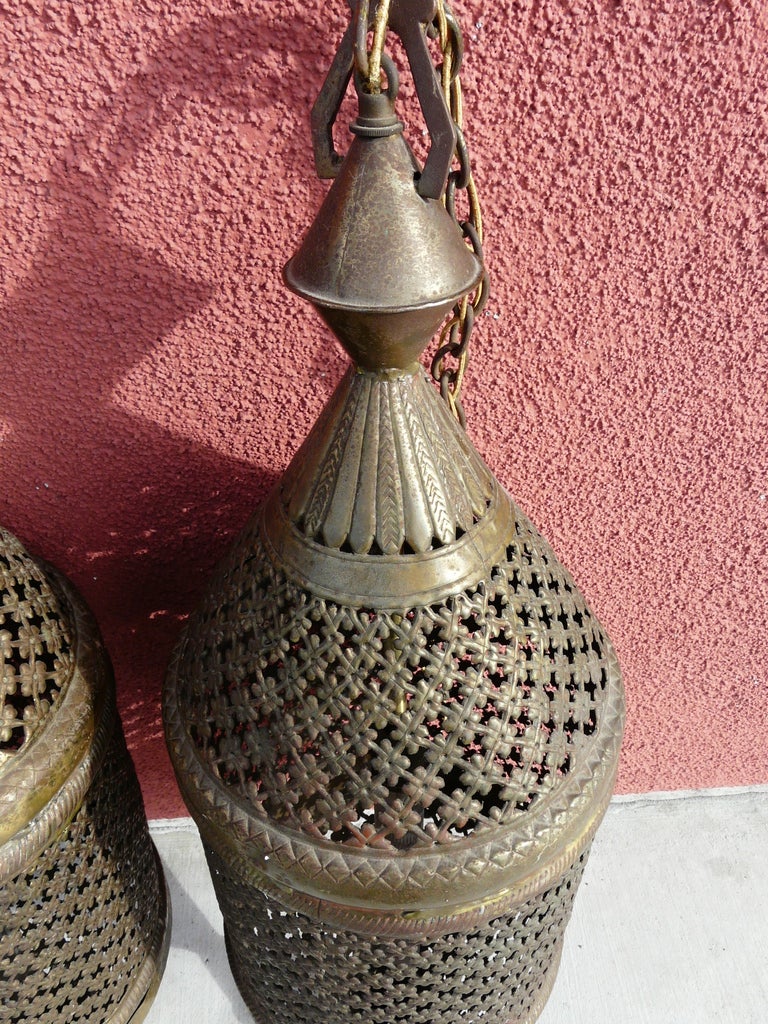 Pair Large Moroccan Pierced Pendant Lanterns Vintage In Good Condition For Sale In South Coast, CA