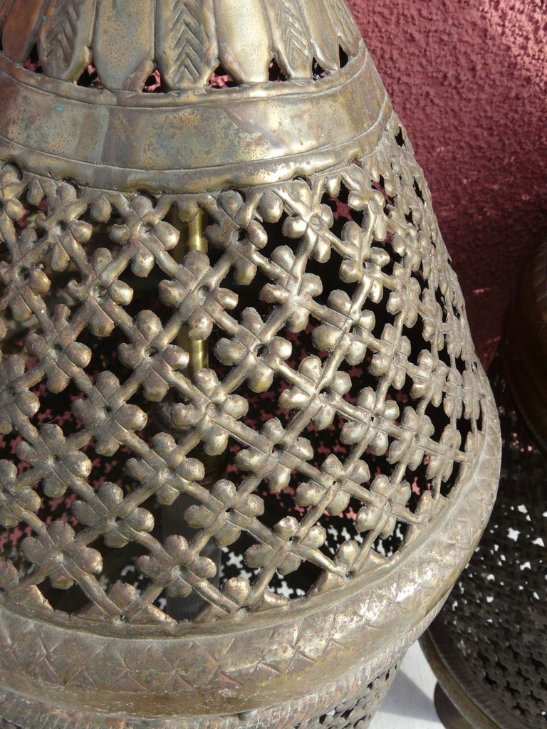 20th Century Pair Large Moroccan Pierced Pendant Lanterns Vintage For Sale