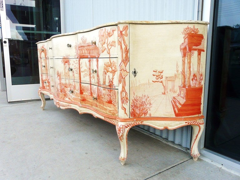 Vintage Venetian Paint Decorated Trompe L'oeil Chest Buffet In Distressed Condition For Sale In South Coast, CA