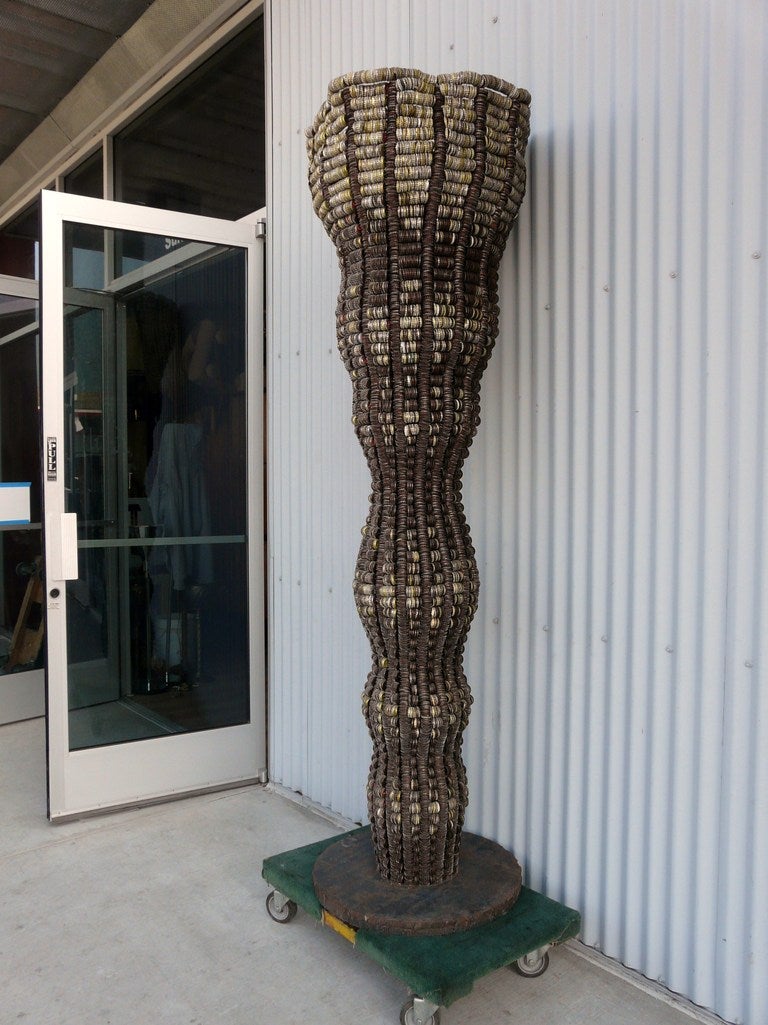 Folk Art Monumental Clare Graham Bottle Cap Sculpture Torchiere For Sale