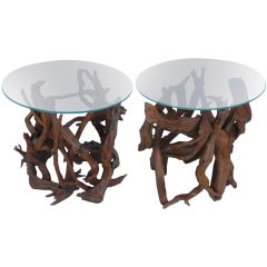 Pair Sculptural Driftwood Root Occasional Tables Mid Century