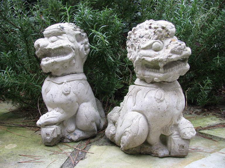 Beautifully modeled antique concrete garden Foo dogs, distressed and all the more charming and lovely for it