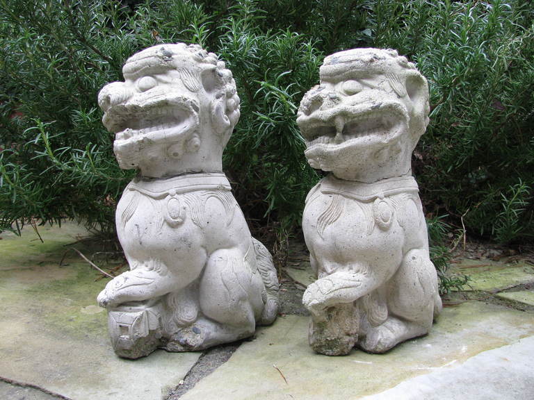 Pair Very Old Garden Foo Dogs In Distressed Condition For Sale In South Coast, CA