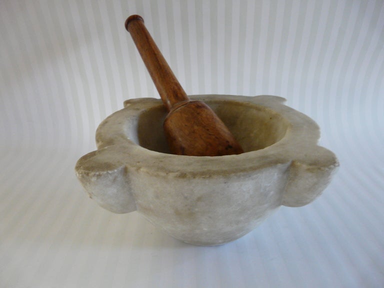 Large antique English Marble Mortar with wood pestle
