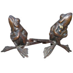 Pair Antique Bronze Frogs as Andirons Hand Forged